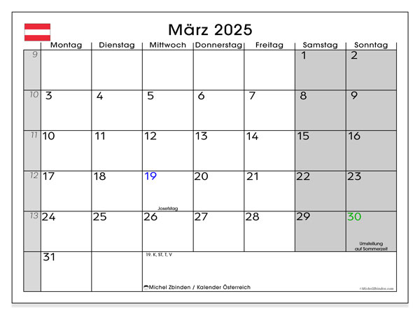 Kalender mars 2025, Österrike (DE). Gratis karta som kan skrivas ut.