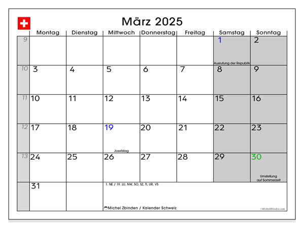 Kalender mars 2025, Schweiz (DE). Gratis karta som kan skrivas ut.