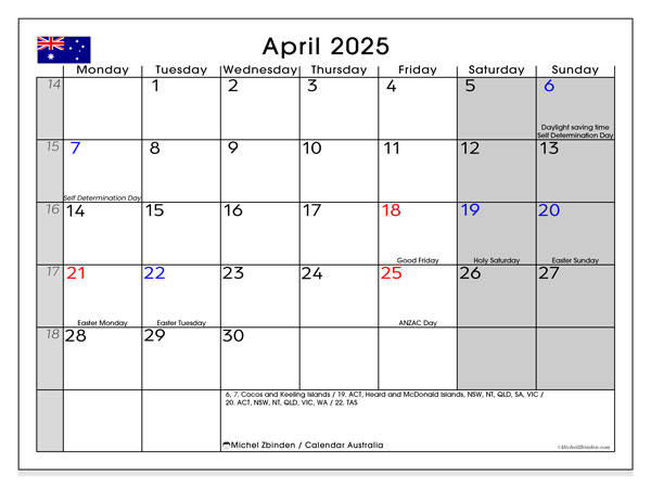 Calendario aprile 2025, Australia (EN). Piano da stampare gratuito.