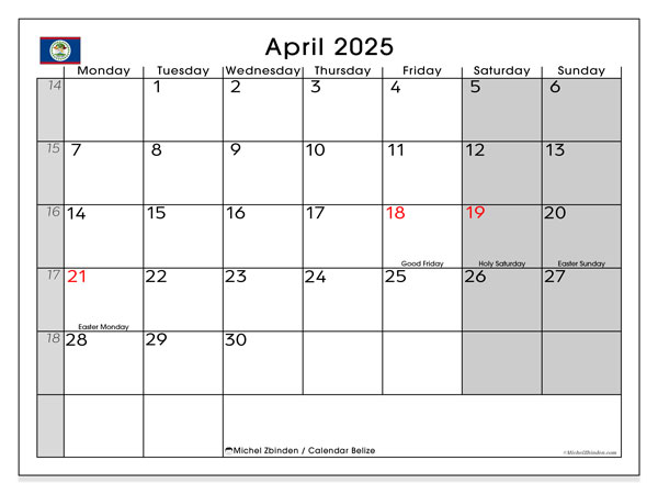Calendario aprile 2025, Belize (EN). Piano da stampare gratuito.