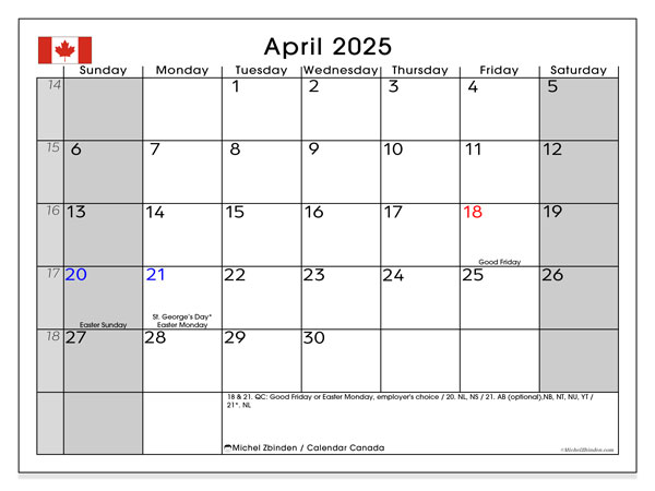 Calendario aprile 2025, Canada (EN). Piano da stampare gratuito.