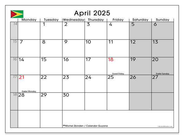 Calendario aprile 2025, Guyana (EN). Piano da stampare gratuito.