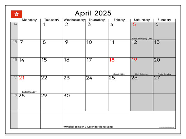 Calendario aprile 2025, Hong Kong (EN). Piano da stampare gratuito.
