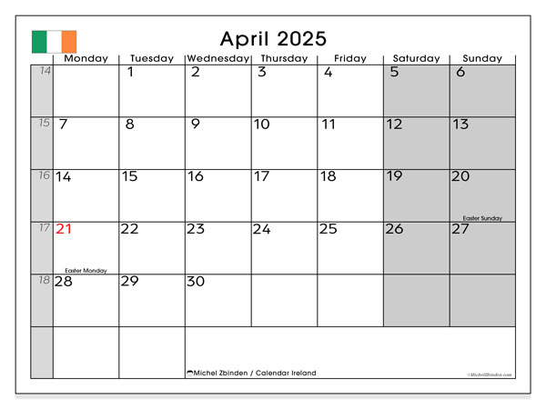 Calendario aprile 2025, Irlanda (EN). Piano da stampare gratuito.