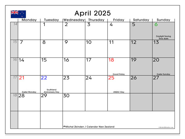 Calendario aprile 2025, Nuova Zelanda (EN). Piano da stampare gratuito.