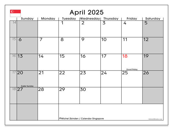 Calendario aprile 2025, Singapore (EN). Piano da stampare gratuito.