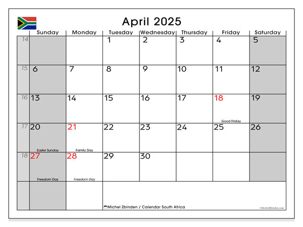 Calendario aprile 2025, Sudafrica (EN). Piano da stampare gratuito.