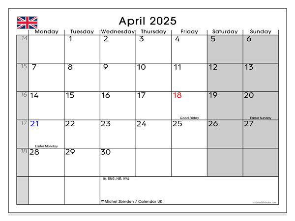 Calendario aprile 2025, Regno Unito (EN). Piano da stampare gratuito.