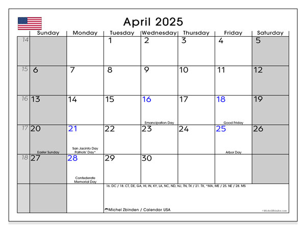 Calendario aprile 2025, Stati Uniti (EN). Piano da stampare gratuito.