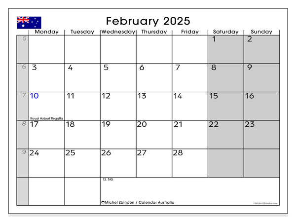 Kalender Februar 2025, Australien (EN). Kalender zum Ausdrucken kostenlos.