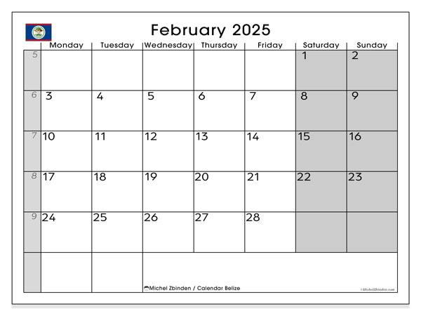 Calendario febbraio 2025, Belize (EN). Programma da stampare gratuito.