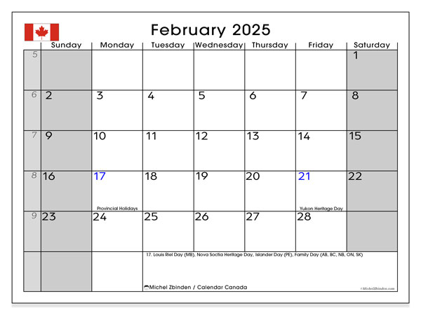 Kalender Februar 2025, Kanada (EN). Kalender zum Ausdrucken kostenlos.