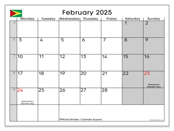Calendario febbraio 2025, Guyana (EN). Programma da stampare gratuito.