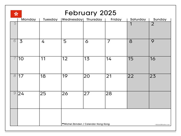 Kalender Februar 2025, Hongkong (EN). Kalender zum Ausdrucken kostenlos.