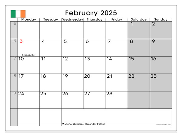Kalender Februar 2025, Irland (EN). Kalender zum Ausdrucken kostenlos.