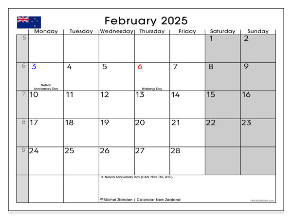 Kalender Februar 2025, Neuseeland (EN). Kalender zum Ausdrucken kostenlos.