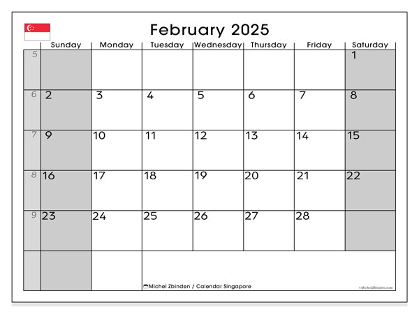 Kalender Februar 2025, Singapur (EN). Kalender zum Ausdrucken kostenlos.