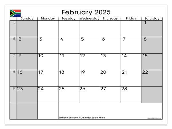 Calendario febbraio 2025, Sudafrica (EN). Programma da stampare gratuito.