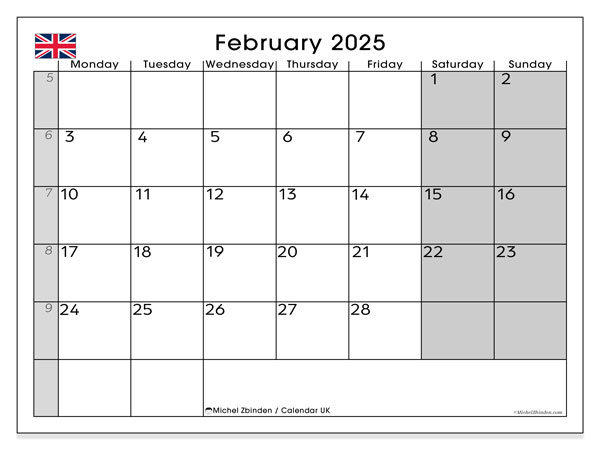 Calendario febbraio 2025, Regno Unito (EN). Programma da stampare gratuito.