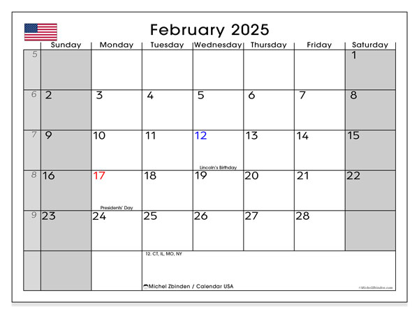 Kalender Februar 2025, USA (EN). Kalender zum Ausdrucken kostenlos.