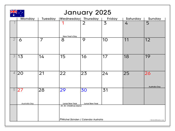 Calendario gennaio 2025, Australia (EN). Calendario da stampare gratuito.