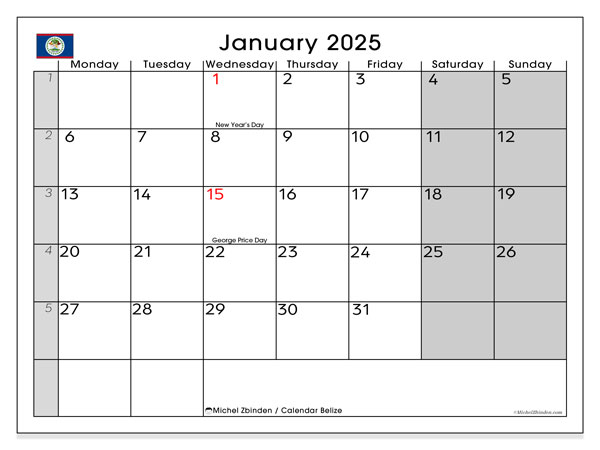 Calendario gennaio 2025, Belize (EN). Calendario da stampare gratuito.