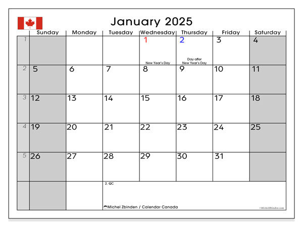 Calendario gennaio 2025, Canada (EN). Calendario da stampare gratuito.