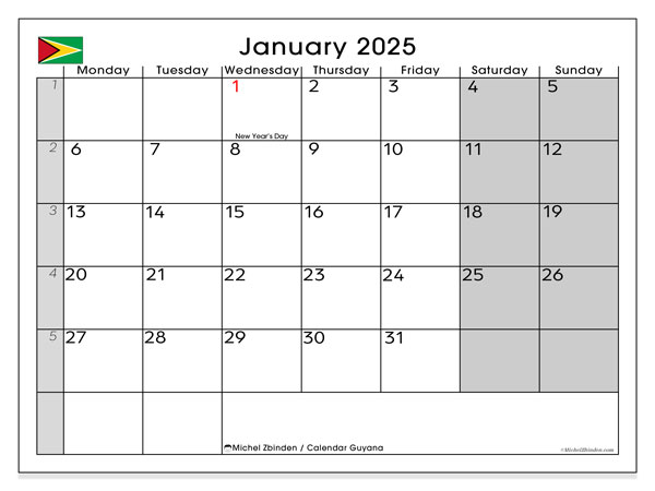 Calendario gennaio 2025, Guyana (EN). Calendario da stampare gratuito.