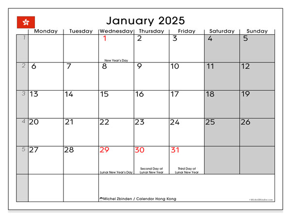 Kalender Januar 2025, Hongkong (EN). Programm zum Ausdrucken kostenlos.