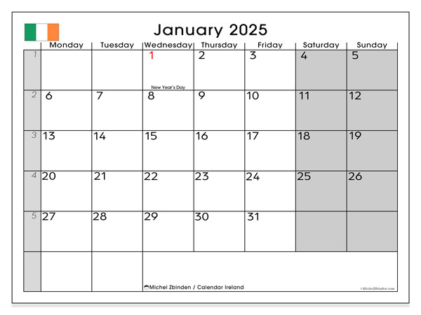 Calendario gennaio 2025, Irlanda (EN). Calendario da stampare gratuito.