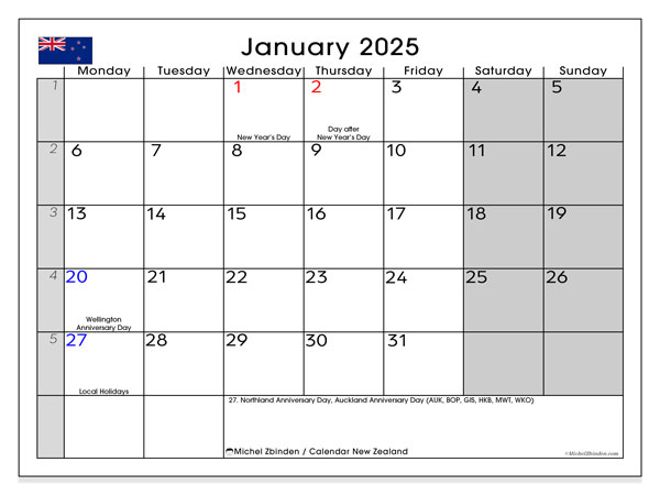 Calendario gennaio 2025, Nuova Zelanda (EN). Calendario da stampare gratuito.