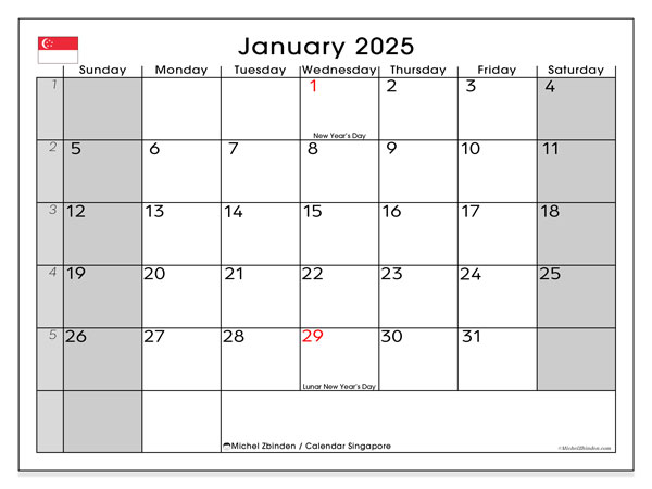 Kalender Januar 2025, Singapur (EN). Programm zum Ausdrucken kostenlos.