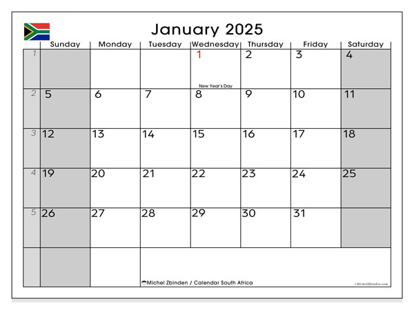 Calendario gennaio 2025, Sudafrica (EN). Calendario da stampare gratuito.