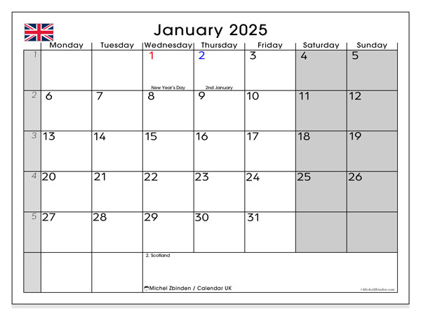 Calendario gennaio 2025, Regno Unito (EN). Calendario da stampare gratuito.
