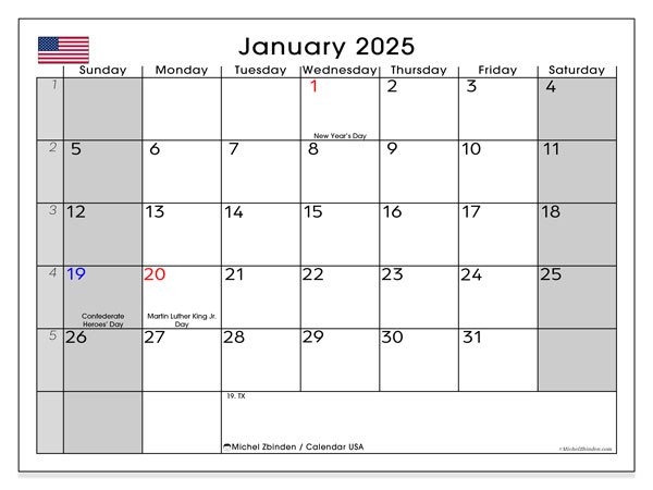 Calendario gennaio 2025, Stati Uniti (EN). Calendario da stampare gratuito.