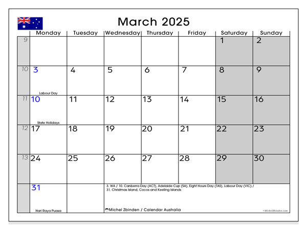 Kalender mars 2025, Australien (EN). Gratis karta som kan skrivas ut.