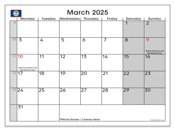 Kalender mars 2025, Belize (EN). Gratis karta som kan skrivas ut.