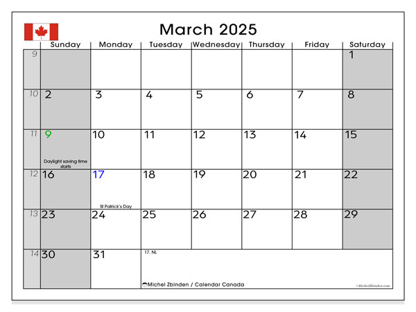 Kalender mars 2025, Kanada (EN). Gratis karta som kan skrivas ut.