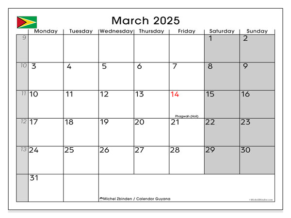 Kalender mars 2025, Guyana (EN). Gratis karta som kan skrivas ut.