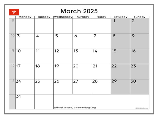 Kalender mars 2025, Hong Kong (EN). Gratis karta som kan skrivas ut.