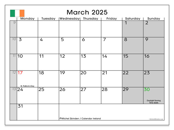 Kalender mars 2025, Irland (EN). Gratis karta som kan skrivas ut.