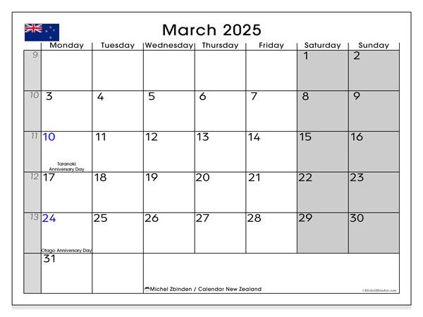 Kalender März 2025, Neuseeland (EN). Programm zum Ausdrucken kostenlos.