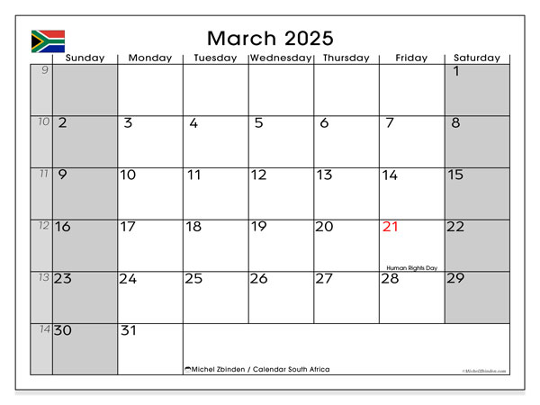Kalender mars 2025, Sydafrika (EN). Gratis karta som kan skrivas ut.