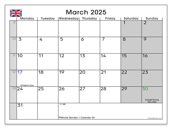 Kalender mars 2025, Storbritannien (EN). Gratis karta som kan skrivas ut.