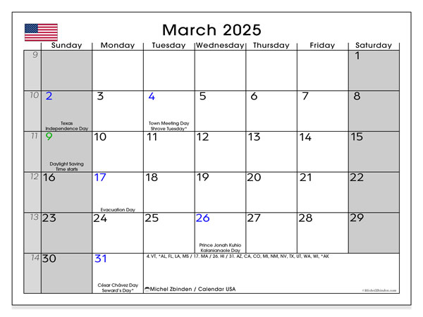 Kalender mars 2025, USA (EN). Gratis karta som kan skrivas ut.