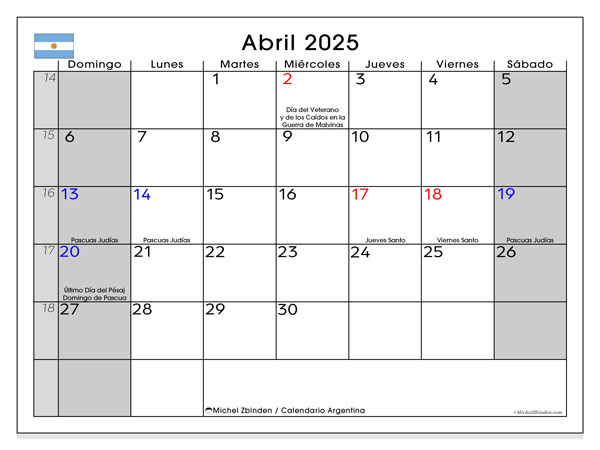 Calendario aprile 2025, Argentina (ES). Piano da stampare gratuito.