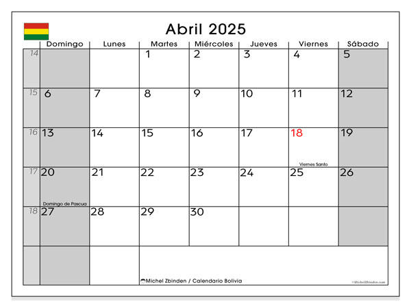 Calendario aprile 2025, Bolivia (ES). Piano da stampare gratuito.