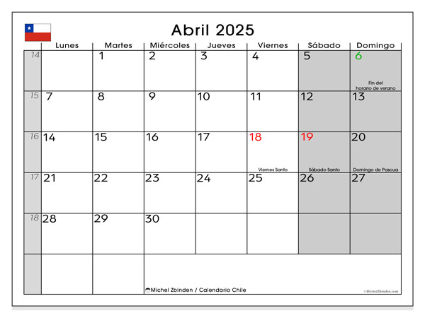 Calendario aprile 2025, Cile (ES). Piano da stampare gratuito.