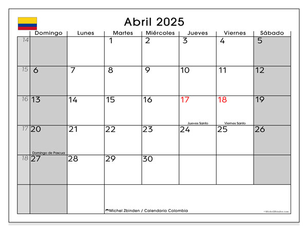 Calendario aprile 2025, Colombia (ES). Piano da stampare gratuito.