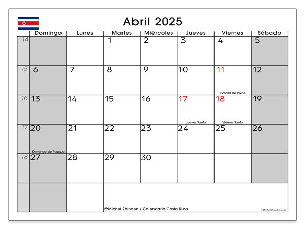 Calendario aprile 2025, Costa Rica (ES). Piano da stampare gratuito.